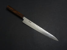 Load image into Gallery viewer, KICHIJI 440C MIGAKI HAMMERED DAMASCUS SUJIHIKI 240MM OAK/BAIKOKU HANDLE