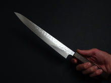 Load image into Gallery viewer, KICHIJI 440C MIGAKI HAMMERED DAMASCUS SUJIHIKI 240MM OAK/BAIKOKU HANDLE