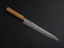 Load image into Gallery viewer, KICHIJI SHIROGAMI-2 STAINLESS CLAD HAMMERED SUJIHIKI 240MM CHERRY WOOD HANDLE