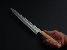 Load image into Gallery viewer, KICHIJI SHIROGAMI-2 STAINLESS CLAD HAMMERED SUJIHIKI 240MM CHERRY WOOD HANDLE