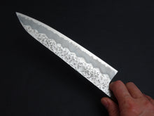 Load image into Gallery viewer, OUL SHIROGAMI-1 STAINLESS CLAD HAMMERED GYUTO 210MM BLACK OAK HANDLE