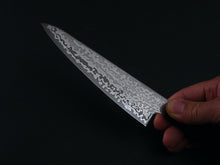 Load image into Gallery viewer, KICHIJI HIKARI SLD STAINLESS CLAD DAMASCUS KUROZOME KO-SANTOKU 150MM OCTAGONAL WENGE HANDLE