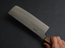 Load image into Gallery viewer, KICHIJI 440C HAMMERED DAMASCUS NAKIRI OAK/BAIKOKU HANDLE