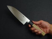 Load image into Gallery viewer, YOSHIHIRO GINSAN DAMASCUS SANTOKU 180MM OCTAGONAL MAGNOLIA HANDLE