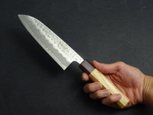 Load image into Gallery viewer, OUL SHIROGAMI 2 STAINLESS CLAD HAMMERED SANTOKU 165MM OCTAGONAL KEYAKI/ZELKOVA HANDLE*