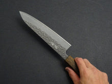 Load image into Gallery viewer, OUL SHIROGAMI-1 STAINLESS CLAD HAMMERED GYUTO 180MM BLACK OAK HANDLE