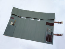 Load image into Gallery viewer, COMO+KATABA HANDMADE HEAVYWEIGHT CANVAS KNIFE ROLL WITH DOUBLE LEATHER FITTINGS AND HANDLE*