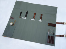 Load image into Gallery viewer, COMO+KATABA HANDMADE HEAVYWEIGHT CANVAS KNIFE ROLL WITH DOUBLE LEATHER FITTINGS AND HANDLE*