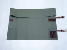 Load image into Gallery viewer, COMO+KATABA HANDMADE HEAVYWEIGHT CANVAS KNIFE ROLL WITH DOUBLE LEATHER FITTINGS AND HANDLE*