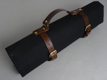 Load image into Gallery viewer, COMO+KATABA HANDMADE HEAVYWEIGHT CANVAS KNIFE ROLL WITH DOUBLE LEATHER FITTINGS AND HANDLE*