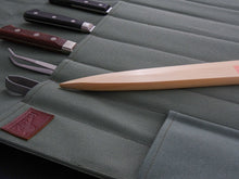 Load image into Gallery viewer, COMO+KATABA HANDMADE HEAVYWEIGHT CANVAS KNIFE ROLL WITH DOUBLE LEATHER FITTINGS AND HANDLE*
