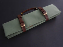 Load image into Gallery viewer, COMO+KATABA HANDMADE HEAVYWEIGHT CANVAS KNIFE ROLL WITH DOUBLE LEATHER FITTINGS AND HANDLE*
