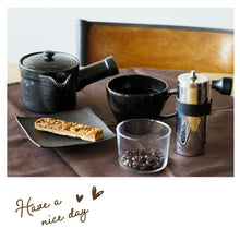 Load image into Gallery viewer, HASAMIYAKI KURO-UWAGUSURI RAKU-RAKU COFFEE/TEAPOT WITH STAINLESS TEA STRAINER
