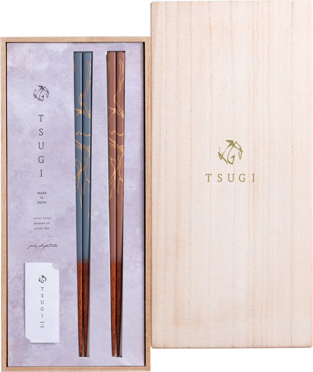 TSUGI CHOPSTICKS GIFT SET KIRI WOOD BOX (BLUE & PINK)