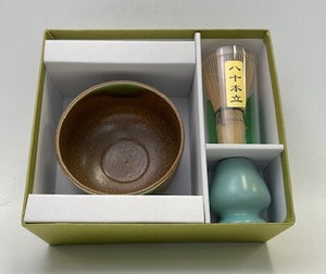 MINOYAKI GENJI GREEN MATCHA BOWL WITH BAMBOO WHISK #80 & WHISK STAND SET