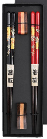 SAKURA CHOPSTICKS & CHOPSTICKS RESTS GIFT SET  (BLACK & RED)