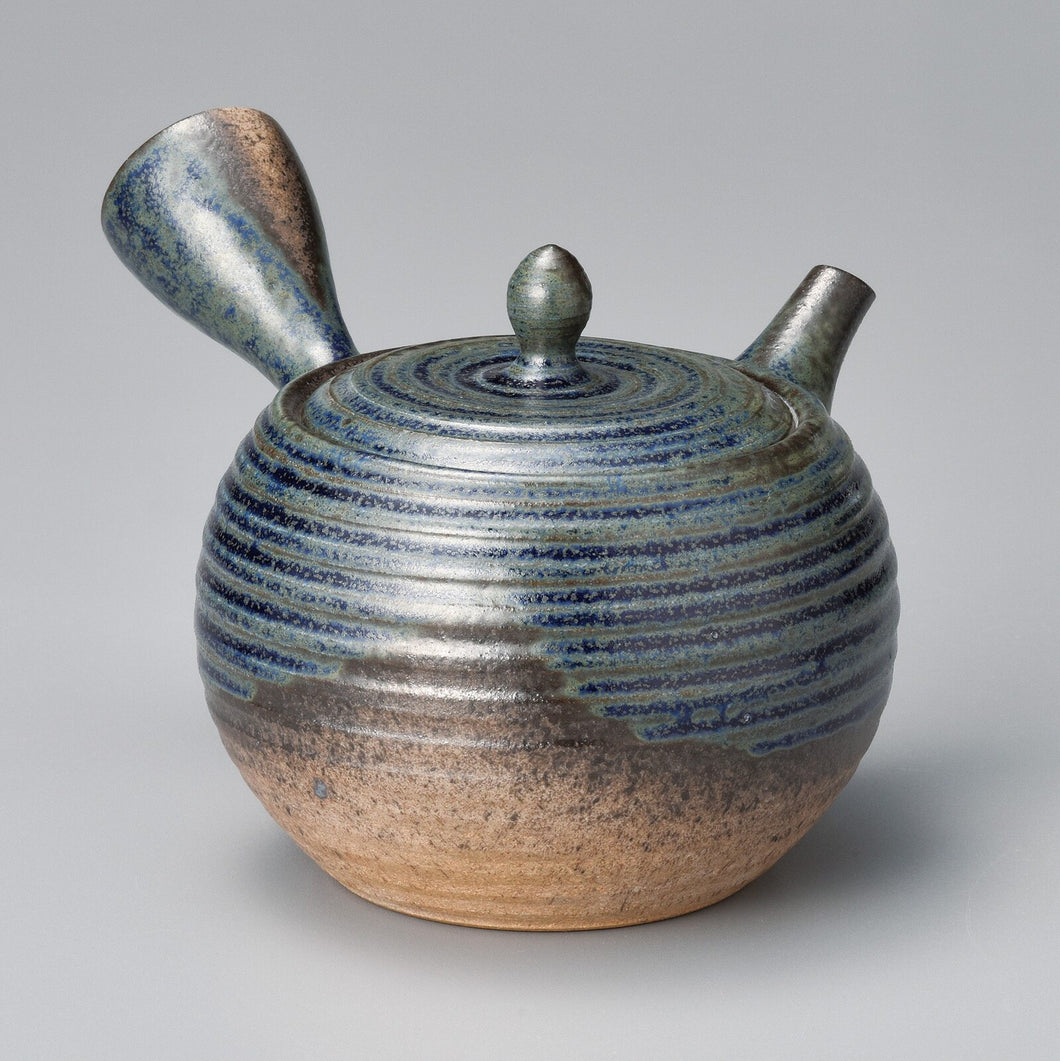 TOKONAME WARE ISSHIN BLUE ROKURO MARU KYUSU/TEAPOT (WITH TEA STRAINER)