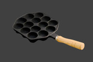 TAKOYAKI PAN / CAST IRON 14 HOLES WITH NATURAL WOOD HANDLE