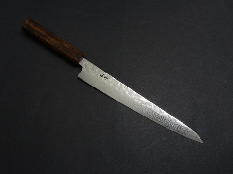 KICHIJI 440C MIGAKI HAMMERED DAMASCUS SUJIHIKI 240MM OAK/BAIKOKU HANDLE