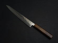 Load image into Gallery viewer, KICHIJI 440C MIGAKI HAMMERED DAMASCUS SUJIHIKI 240MM OAK/BAIKOKU HANDLE
