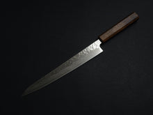 Load image into Gallery viewer, KICHIJI 440C MIGAKI HAMMERED DAMASCUS SUJIHIKI 240MM OAK/BAIKOKU HANDLE
