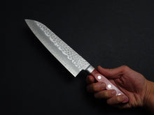 Load image into Gallery viewer, KICHIJI AUS-8 HAMMERED SANTOKU KNIFE 180MM RED HANDLE
