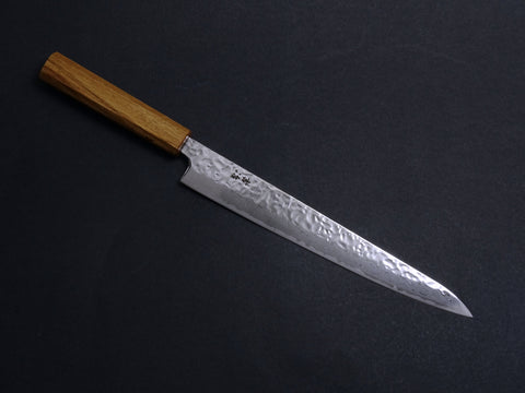 KICHIJI AUS-10 HAMMERED DAMASCUS SUJIHIKI 240MM OCTAGONAL OAK HANDLE