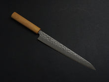 Load image into Gallery viewer, TSUNEHISA SHIROGAMI-2 STAINLESS CLAD HAMMERED SUJIHIKI 240MM CHERRY WOOD HANDLE
