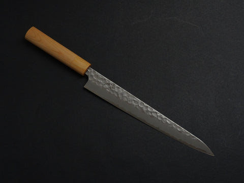 TSUNEHISA SHIROGAMI-2 STAINLESS CLAD HAMMERED SUJIHIKI 240MM CHERRY WOOD HANDLE