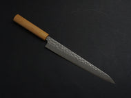TSUNEHISA SHIROGAMI-2 STAINLESS CLAD HAMMERED SUJIHIKI 240MM CHERRY WOOD HANDLE