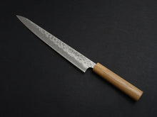 Load image into Gallery viewer, TSUNEHISA SHIROGAMI-2 STAINLESS CLAD HAMMERED SUJIHIKI 240MM CHERRY WOOD HANDLE
