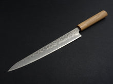 Load image into Gallery viewer, TSUNEHISA SHIROGAMI-2 STAINLESS CLAD HAMMERED SUJIHIKI 240MM CHERRY WOOD HANDLE
