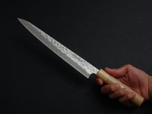 Load image into Gallery viewer, TSUNEHISA SHIROGAMI-2 STAINLESS CLAD HAMMERED SUJIHIKI 240MM CHERRY WOOD HANDLE
