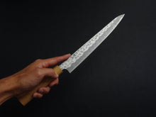 Load image into Gallery viewer, TSUNEHISA SHIROGAMI-2 STAINLESS CLAD HAMMERED SUJIHIKI 240MM CHERRY WOOD HANDLE
