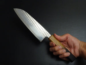 KICHIJI AUS-10 NAWAME DAMASCUS SANTOKU 165MM OCTAGONAL BURNT OAK HANDLE