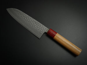 TSUNEHISA AOGAMI SUPER CORE STAINLESS CLAD HAMMERED MIGAKI SANTOKU CHERRY WOOD HANDLE*