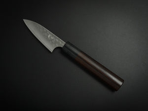 KATSUSHIGE ANRYU AOGAMI-2 WITH STAINLESS CLAD HAMMERED PARING KNIFE 75MM ROSE WOOD HANDLE