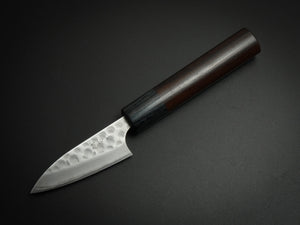 KATSUSHIGE ANRYU AOGAMI-2 WITH STAINLESS CLAD HAMMERED PARING KNIFE 75MM ROSE WOOD HANDLE
