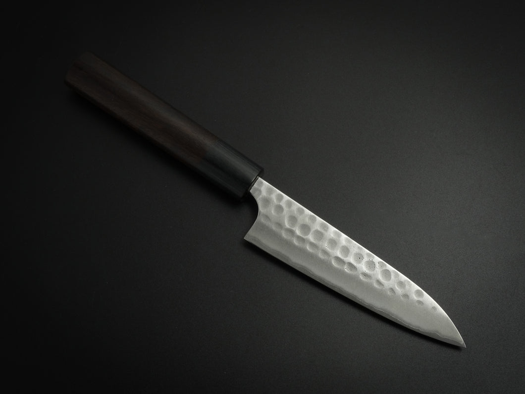KATSUSHIGE ANRYU AOGAMI-2 WITH STAINLESS CLAD HAMMERED PETTY KNIFE 120MM ROSE WOOD HANDLE