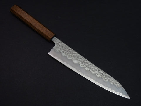 OUL SHIROGAMI-1 STAINLESS CLAD HAMMERED GYUTO 210MM BLACK OAKWOOD HANDLE