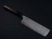 Load image into Gallery viewer, KICHIJI HIKARI SLD STAINLESS CLAD DAMASCUS KUROZOME NAKIRI 160MM OCTAGONAL WENGE HANDLE
