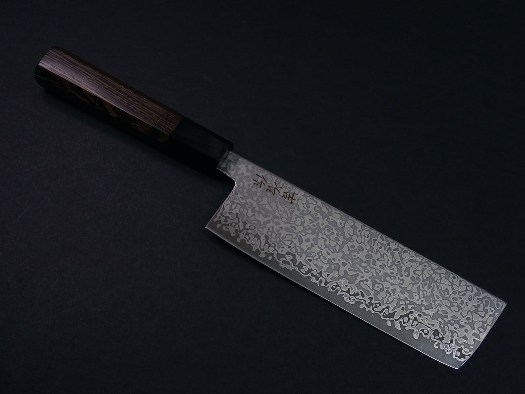 KICHIJI HIKARI SLD STAINLESS CLAD DAMASCUS KUROZOME NAKIRI 160MM OCTAGONAL WENGE HANDLE