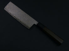 Load image into Gallery viewer, KICHIJI HIKARI SLD STAINLESS CLAD DAMASCUS KUROZOME NAKIRI 160MM OCTAGONAL WENGE HANDLE
