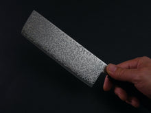 Load image into Gallery viewer, KICHIJI HIKARI SLD STAINLESS CLAD DAMASCUS KUROZOME NAKIRI 160MM OCTAGONAL WENGE HANDLE
