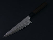 Load image into Gallery viewer, KICHIJI HIKARI SLD STAINLESS CLAD DAMASCUS KUROZOME KO-SANTOKU 150MM OCTAGONAL WENGE HANDLE
