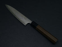 Load image into Gallery viewer, KICHIJI HIKARI SLD STAINLESS CLAD DAMASCUS KUROZOME PETTY 130MM OCTAGONAL WENGE HANDLE
