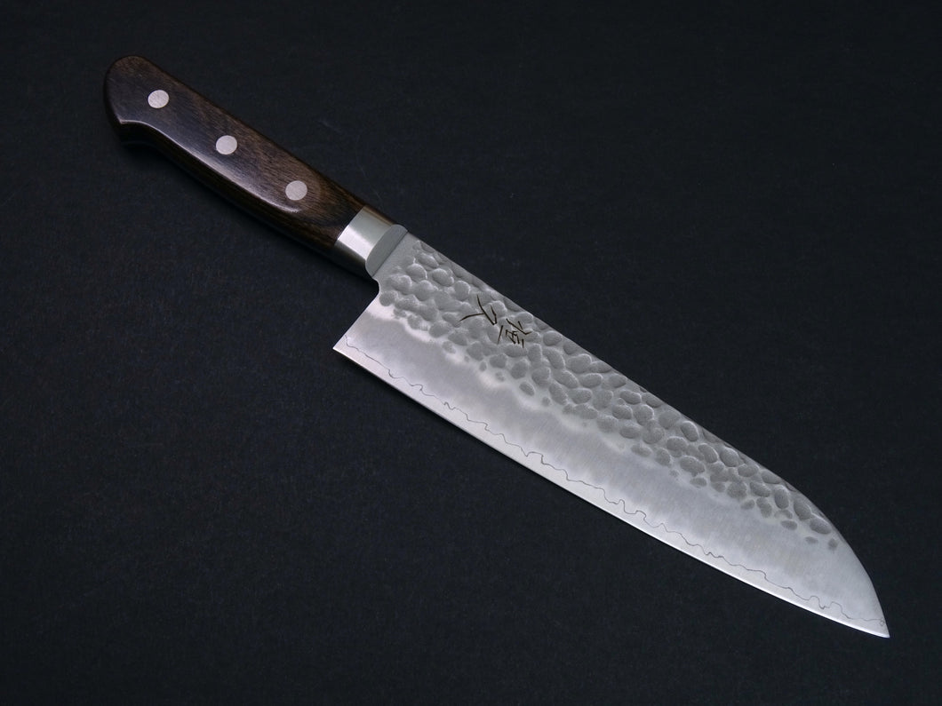 TSUNEHISA AUS-8 HAMMERED SANTOKU KNIFE 180MM BROWN PAKKA HANDLE