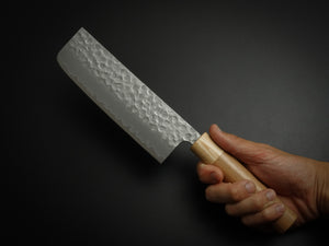 TSUNEHISA SHIROGAMI 2 / STAINLESS CLAD HAMMERED NAKIRI CHERRY WOOD HANDLE