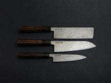 Load image into Gallery viewer, [ONLINE EXCLUSIVE DEAL] KICHIJI HIKARI SLD STAINLESS CLAD DAMASCUS KUROZOME OCTAGONAL WENGE HANDLE SET of 3 (SANTOKU/NAKIRI/PETTY)
