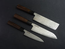 Load image into Gallery viewer, [ONLINE EXCLUSIVE DEAL] KICHIJI HIKARI SLD STAINLESS CLAD DAMASCUS KUROZOME OCTAGONAL WENGE HANDLE SET of 3 (SANTOKU/NAKIRI/PETTY)
